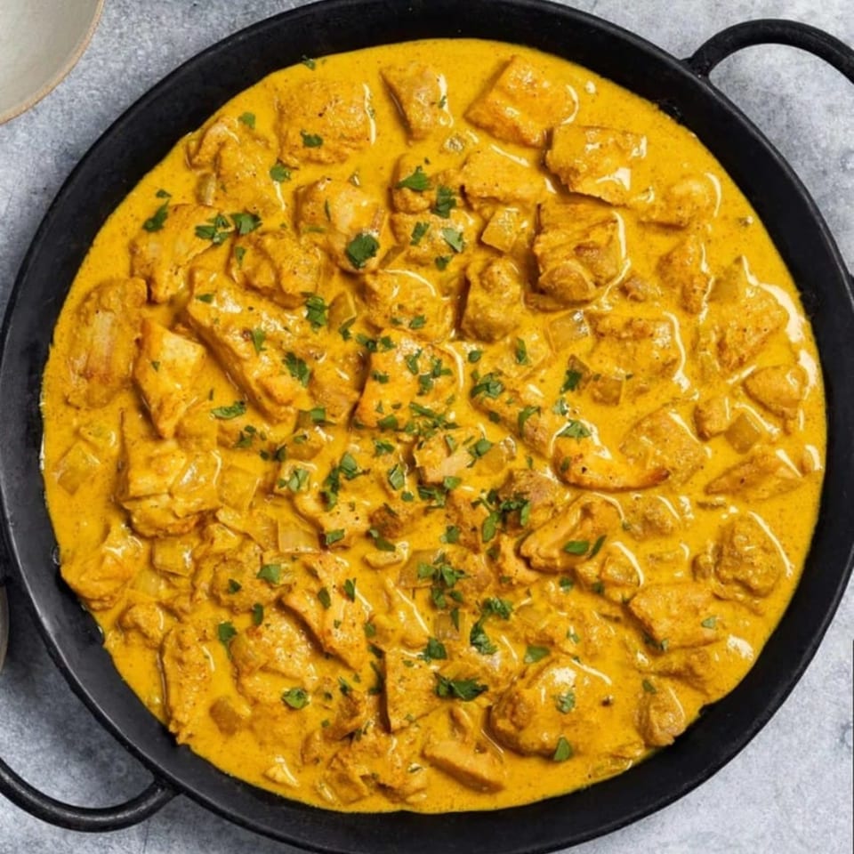 A black pan filled with creamy yellow chicken curry, garnished with fresh green herbs.
